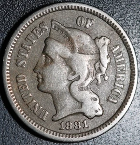 1881 THREE 3 CENT NICKEL - Picture 1 of 2