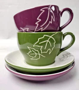 Pair of 2007 Starbucks Green/ Burgundy AND WHITE LEAVES  CUPS AND SAUCERS - Picture 1 of 9
