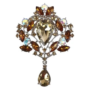 Amber Rhinestone Brooch Iridescent Gold Tone Victorian Style - Picture 1 of 3