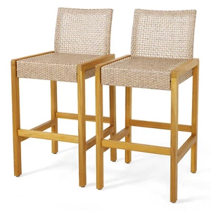 Set of 2 Patio Wood Barstools Rattan Bar Height Chairs w/ Backrest Porch Balcony - Picture 1 of 7