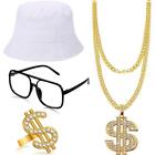 Adults Retro 90S Rapper Props Sets Bucket Hat Eyeglasses Necklace Ring Accessory