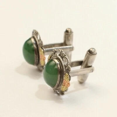 Par de gemelos retro firmados L S Peterson nefrita jade y plata de ley. Foto 1 de 4