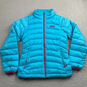 PATAGONIA Down Sweater Puffer Jacket Girls 10-12 Large Blue Down Full Zip - Picture 1 of 16
