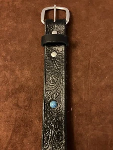 Tooled Leather Belt With Imitation Turquoise Rivets - Picture 1 of 6