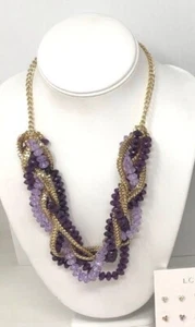 "Collar de cuentas trenzadas de cristal púrpura y cadena tono dorado brillante de 20"" de largo NY" - Imagen 1 de 5