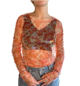 Zara Small Orange & Pink Rose Floral Print Mesh Sheer Long Sleeve Ruched Blouse - Picture 1 of 6