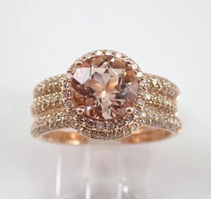 Diamond and Morganite Halo Engagement Ring Wedding Band Set 14K Rose Gold - Picture 1 of 9