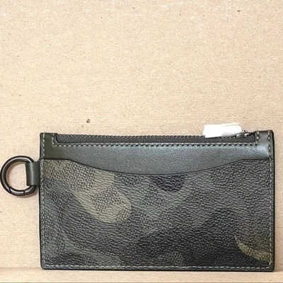 Coach Zip Card Case Camo Wallet Green Leather Expandable CZ010 D Ring ORGPKG - Image 1 of 4
