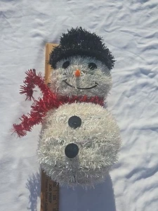 Vintage Christmas Tinsel Snowman 13” High Tabletop 5"- Corncob Nose BLACK TOPHAT - Picture 1 of 10