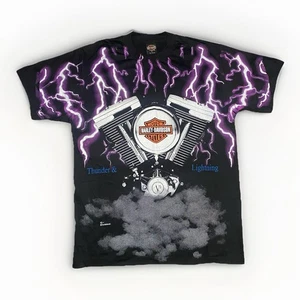 Vtg Reprint 90's Harley Davidson T Shirt AOP Thunder & Lightning VGC Large Rare - Picture 1 of 8