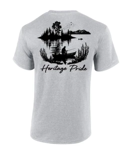 Heritage Pride Lone FIsherman Outdoors Fishing Short Sleeve T-shirt - Picture 1 of 8