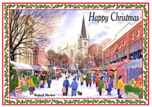 WALSALL OLD MARKET ARTISTS PAINTING GLOSSY CHRISTMAS CARD 8"x 6" FREE POST - Picture 1 of 2