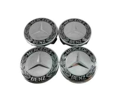 SET OF 4 Silver & Black Mercedes-Benz 75MM Wheel Rim Center Hub Caps AMG WREATH - Image 1 of 4