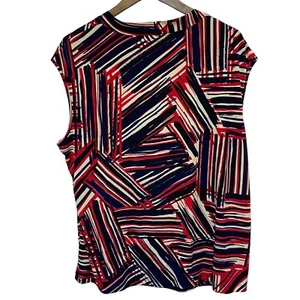 Kasper Blouse Womens 3X Blue Red Geometric Stripe Cap Sleeve Stretch Knit Top - Picture 1 of 8