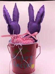 Happy Easter Bucket With 2 Easter Bunnies And A Heart - Picture 1 of 1