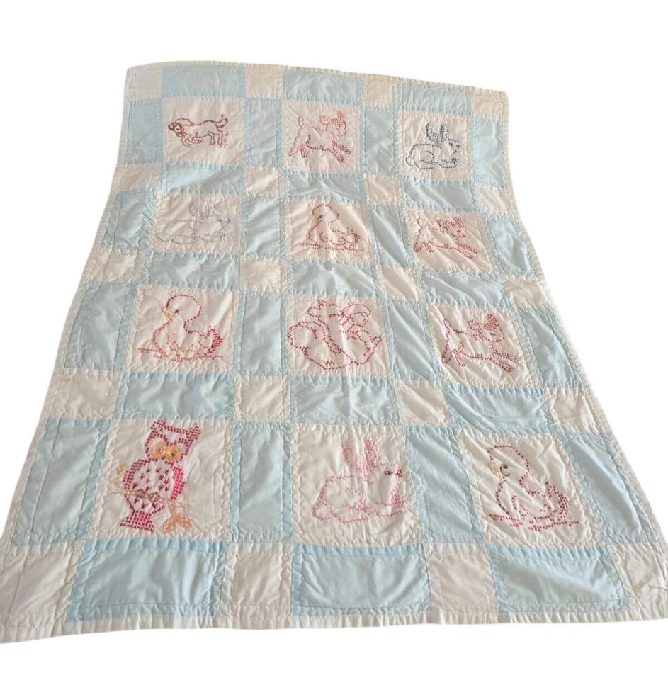 Edredón bebé vintage hecho a mano bordado animales azules niño búho Foto 1 de 4