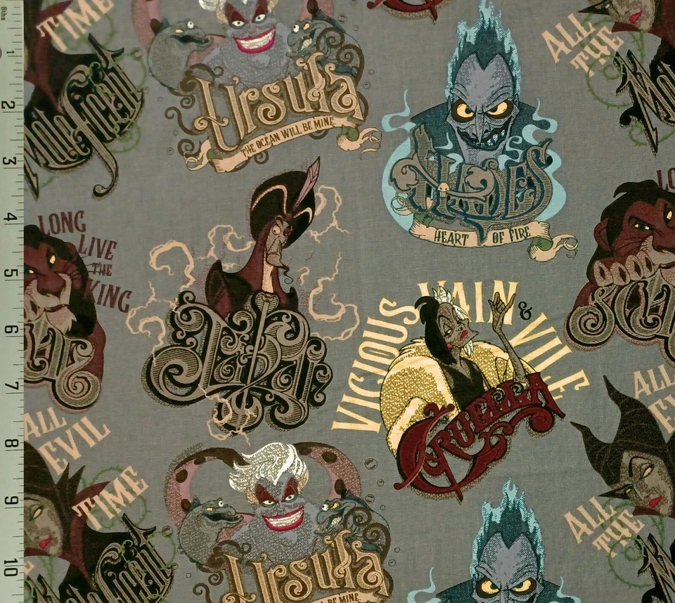Disney Villains Chalk Cotton Fabric Scar Ursula Maleficent Jafar Hades Cruella  - Image 1 of 1