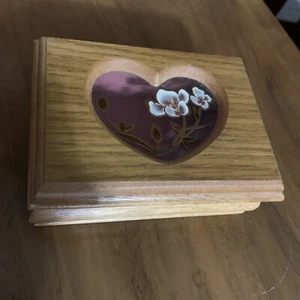 Brown Wooden Jewelry Box 5X4X2". Heart with Flower Etching on top lid - Picture 1 of 5