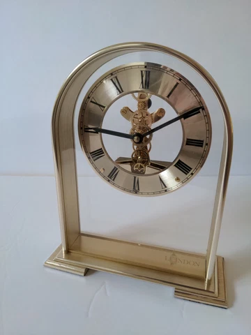 London Clock Company Arched Roman Numeral Analogue Skeleton Mantel Clock, Gold Cover