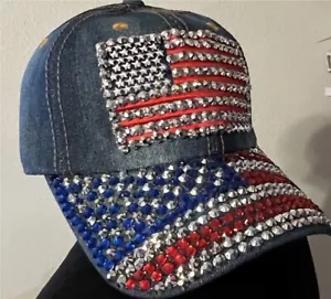 GRUNGE Distressed Denim BLING HAT American Flag Baseball Cap RHINESTONES PATRIOT - Picture 1 of 3