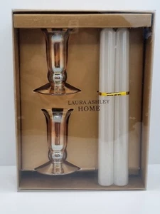 Laura Ashley Candlesticks Holders With Candles Pearl Glass Stands Boxed Rare New - Picture 1 of 6