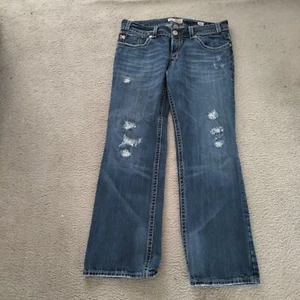 MEK Denim Osaka Jeans 36x32 Blue Straight Bootcut Distressed Button Fly GUC - Picture 1 of 7