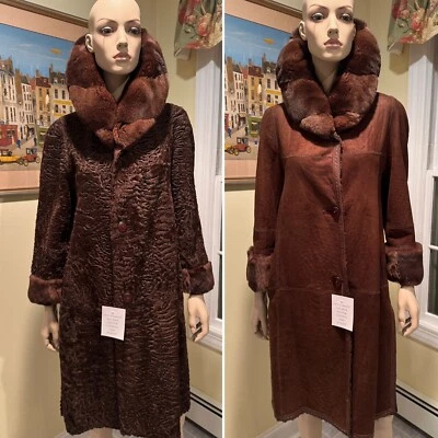 New! 39" Reversible Brown Broadtail Lamb & Chinchilla Real Fur Coat Size 6/8 USA - Image 1 of 4