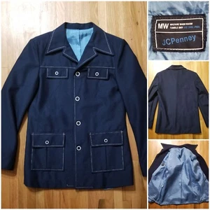 Vintage Mens Leisure Navy Blue 37" Chest Jacket JC Penney 1970s Disco Polyester - Picture 1 of 8
