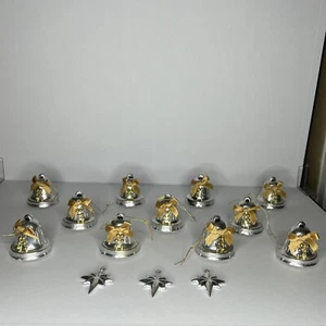 Vintage Plastic Silver Tone Bells. And Stars Mini Ornament Lot Of 14 Christmas - Picture 1 of 9