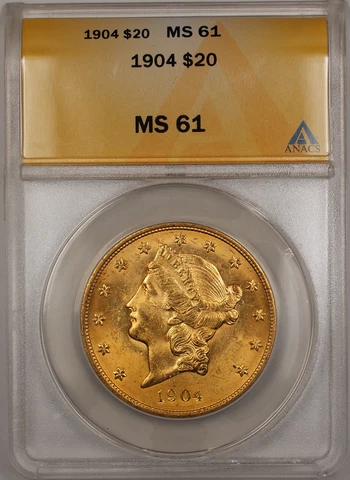 1904 $20 Liberty Double Eagle Gold Coin ANACS MS-61 (Better) SB Cover