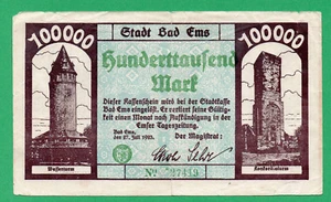 Germany Bad Ems Banknote 100000 Mark Paper Money 1923 Circulated 27419 - Picture 1 of 2