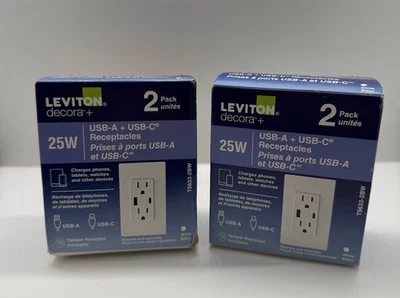 Novo Lote De Dois 2 Pacotes Leviton 25W USB-A + USB-C 4 Tomadas T5633-2BW Branco - Imagem 1 de 4