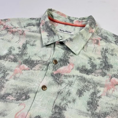 Tommy Bahama Shirt Mens 2XLT Green Pink Silk Blend Camp Tropical Flamingo Print - Image 1 of 4