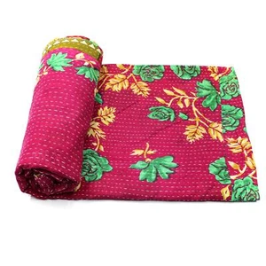 Vintage Kantha Quilt Indian Handmade Cotton Bedspread Natural Throw Blanket - Picture 1 of 6