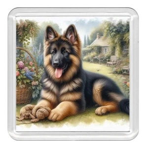 German Shepherd Puppy & Flowers Dog Acrylic Coaster Novelty Drink Cup Mat Gift - Picture 1 of 1