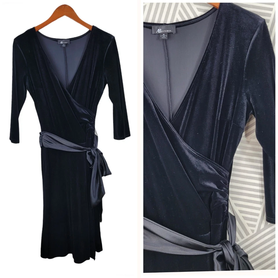 Vintage Black Velvet Wrap Top Dress size Medium Evening Alt Sexy Event Satin Bow - Image 1 of 4