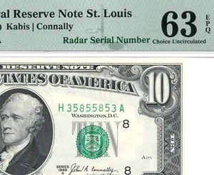 1969a $10 St Louis *RADAR* Federal Reserve Note 2019-H PMG 63 EPQ Scarce POP 1/3 - Picture 1 of 3