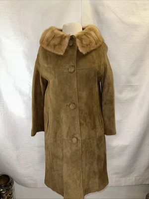 Chaqueta Abrigo De Colección Años 60 Gamuza Tostada Longitud Media Con Cuello De Piel y Bolsillos Para Mujer Med Foto 1 de 4