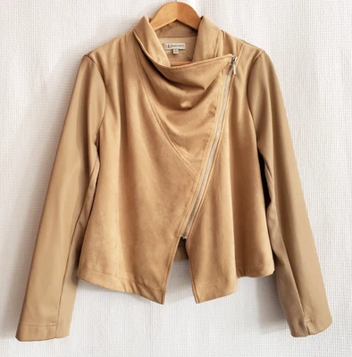 Chaqueta para mujer Neiman Marcus imitación gamuza cuero drapeado cremallera frontal talla XL tostada Foto 1 de 4