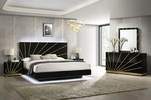 Modern Italian 4PC Gloss Black Gold LED Queen King Bed Set Minimalist Furniture - Picture 1 of 9