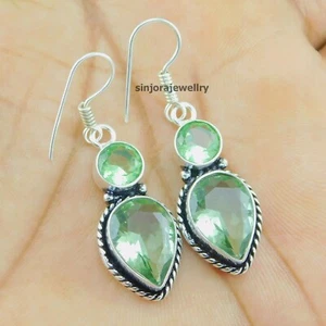 Green Amethyst Gemstone 925 sterling silver handmade Dangle/Drop Earrings 1.75" - Picture 1 of 4