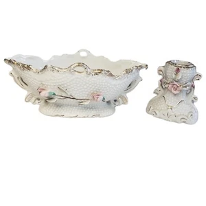 Vintage Fruit Bowl Planter Candle Holder White Porcelain with Pink Roses Japan - Picture 1 of 10