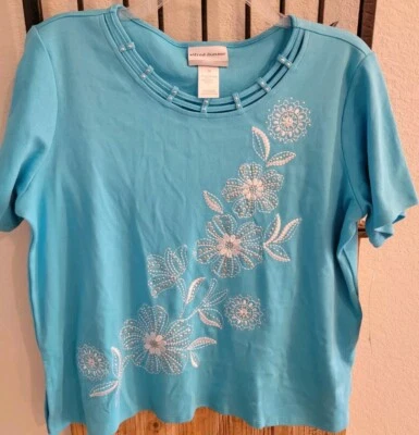 Alfred Dunner Top Cool Vibrations Aqua With Embroidered Flowers, Size PM NWT - Image 1 of 4
