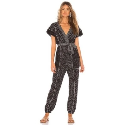 Ulla Johnson Mujer Talla 8 Reiko Algodón Mono Negro Cuello en V Bolsillos Ditsy Blanco Foto 1 de 4