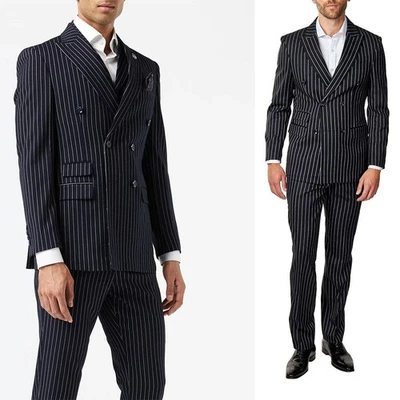 Business Mens Suit Striped Regular Fit Peak Lapel Groom Prom Double Breasted - Image 1 of 4