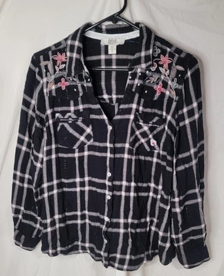 Top vintage America para mujer XL negro bordado a cuadros abotonado floral occidental Foto 1 de 4