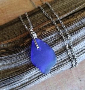 Sea Glass Jewelry Beach Necklace Wife Friend Mother Sister Auntie Cobalt Blue - Picture 1 of 6