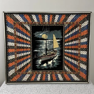 De Colección Años 60/70 Terciopelo Barco Pintura Cuerda y Arte en Uñas Borde Kitsch Náutico - Imagen 1 de 8
