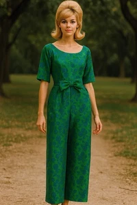 VESTIDO COLUMNA HECHO A MANO VINTAGE AÑOS 60 brocado lazo floral maxi azul verde XS S - Imagen 1 de 7