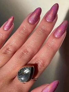 Pink 24pcs Long Almond Holographic Fake Nail Kit Press On Nails False Nails Glue - Picture 1 of 6